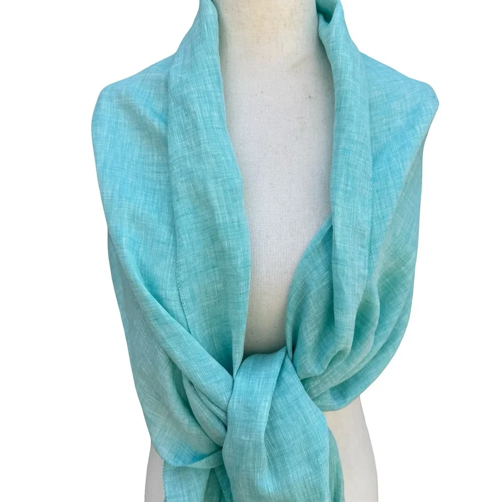 Lafayette 148 New York Coastal Boho Turquoise 100% Linen Fringe Scarf Wrap OS
